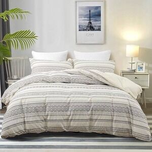 PHF King Duvet Cover Set Boho Yarn Winter Ivory Geometric Tribal 106x92